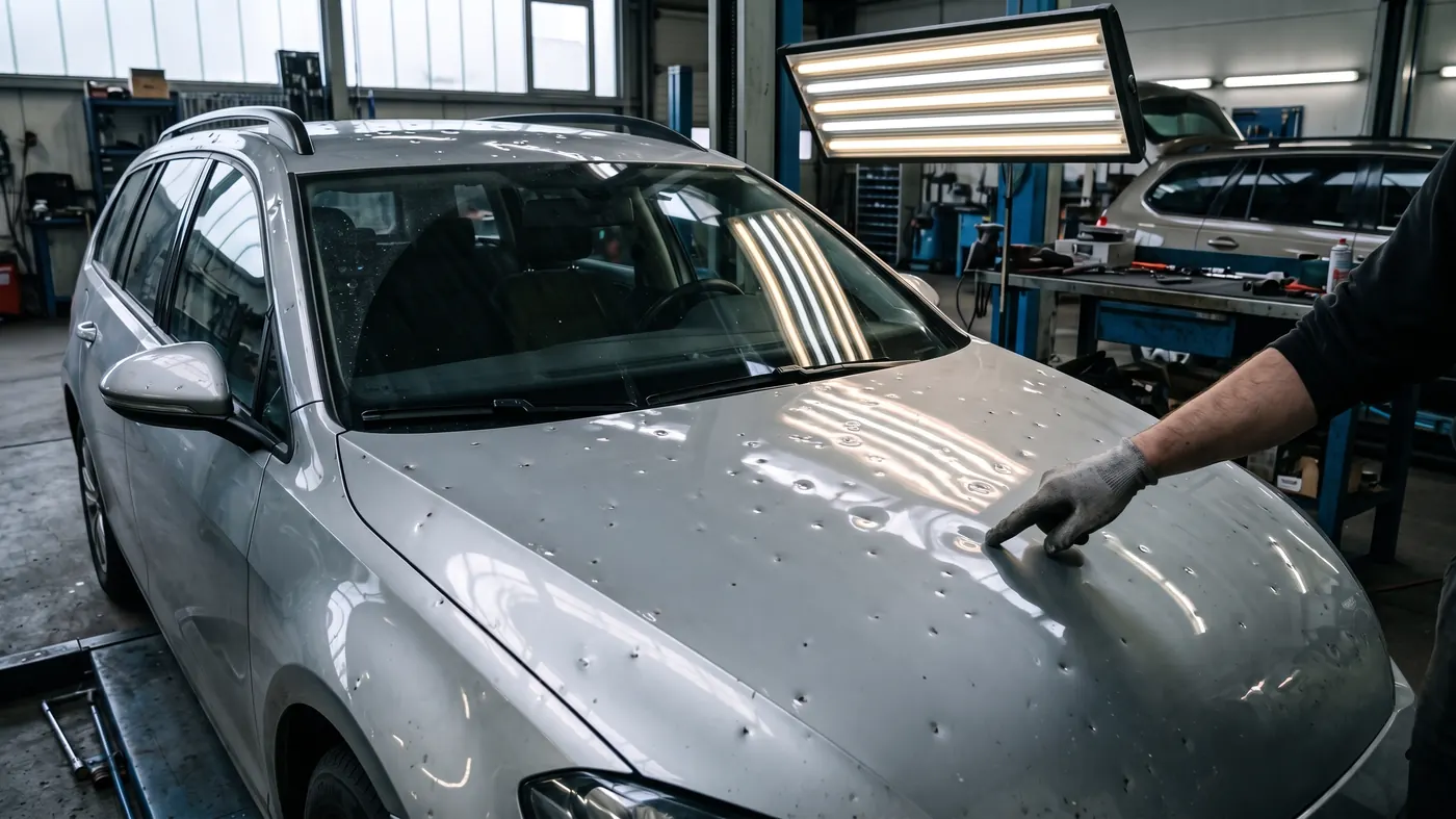Silberner Kombi mit vielen Hageldellen auf der Motorhaube unter einer Prüfleuchte in der Werkstatt, eine Hand im Arbeitshandschuh zeigt auf eine Delle