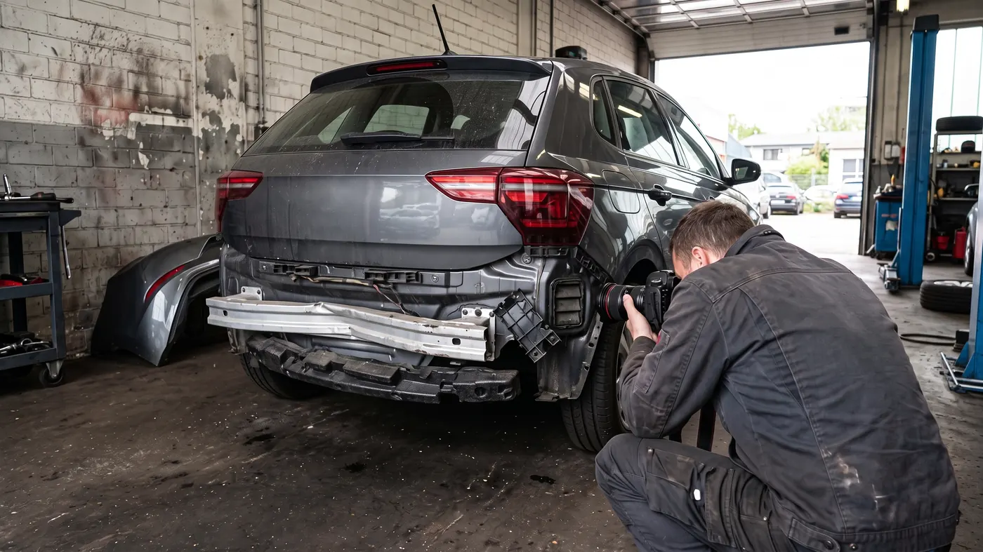 Heck eines grauen Kompaktwagens mit abgenommener Stoßfängerverkleidung, dahinter der verbogene Prallträger und der gestauchte Schaumabsorber, ein Sachverständiger fotografiert den Schaden