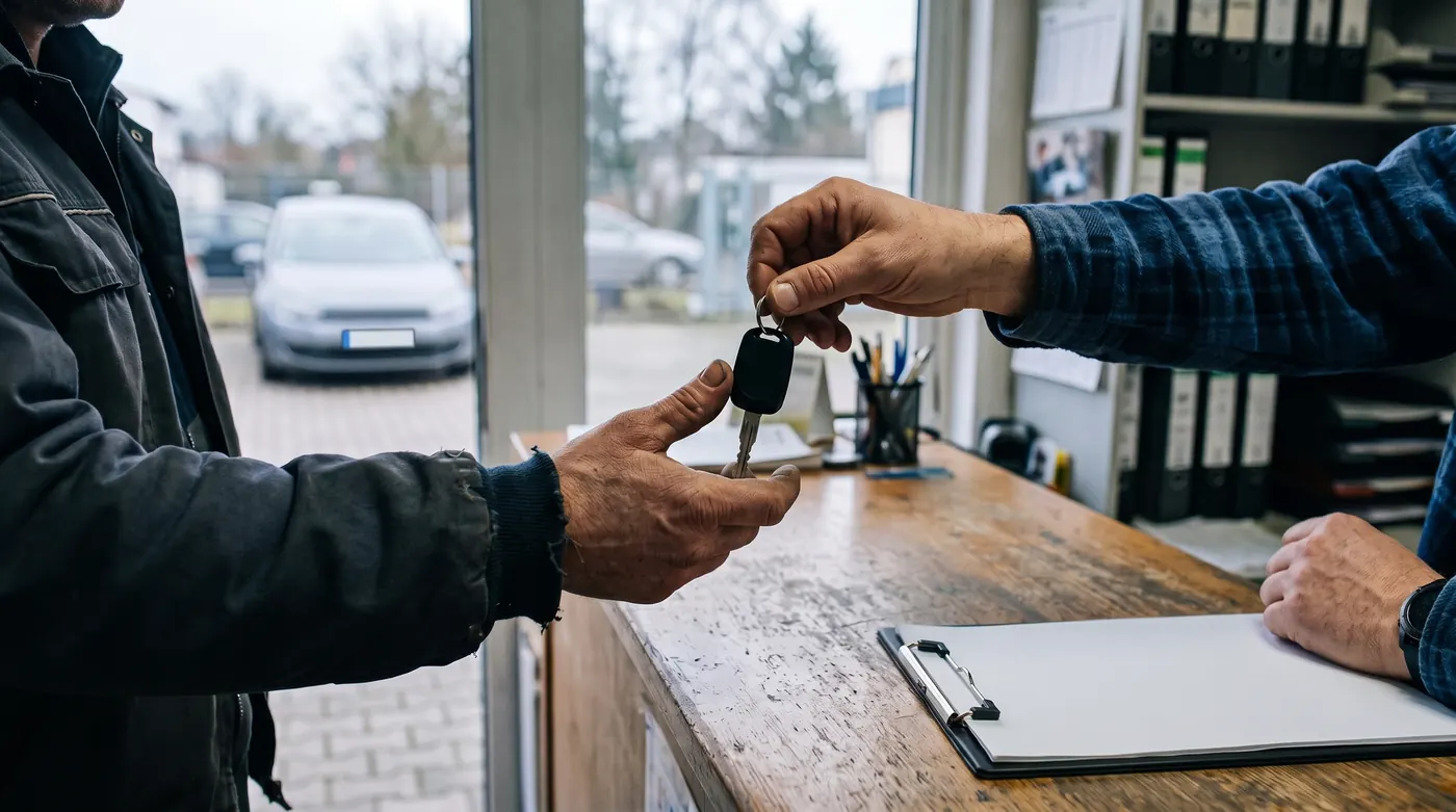 Übergabe eines Autoschlüssels über den Tresen einer Autovermietung, im Hintergrund ein bereitstehendes Fahrzeug