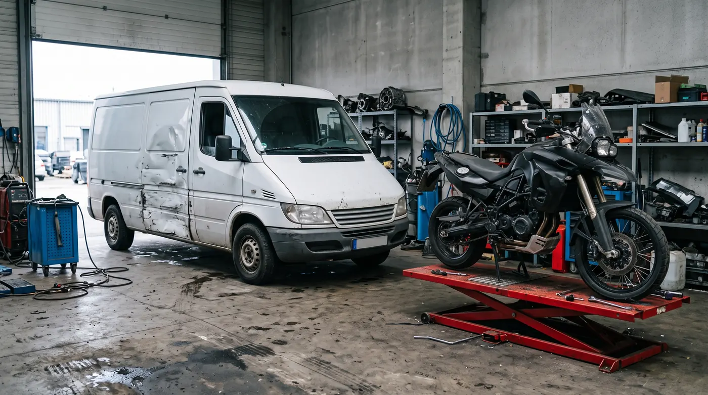 Weißer Kastenwagen mit eingedrückter Seitenwand und ein Motorrad auf einem Montagestand in einer Werkstatthalle