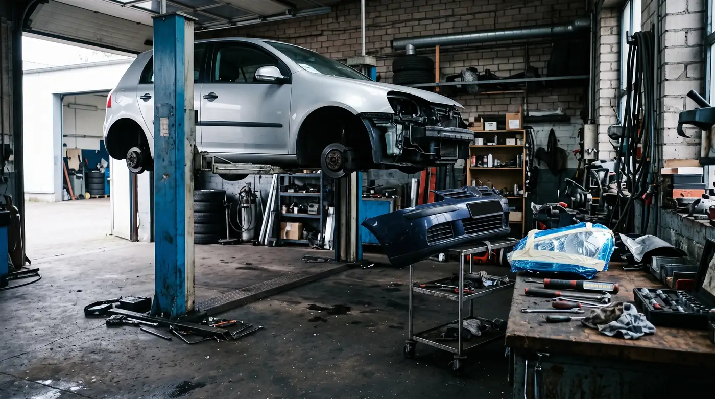 Unfallfahrzeug mit demontierter Front auf der Hebebühne einer Werkstatt, daneben der ausgebaute Stoßfänger