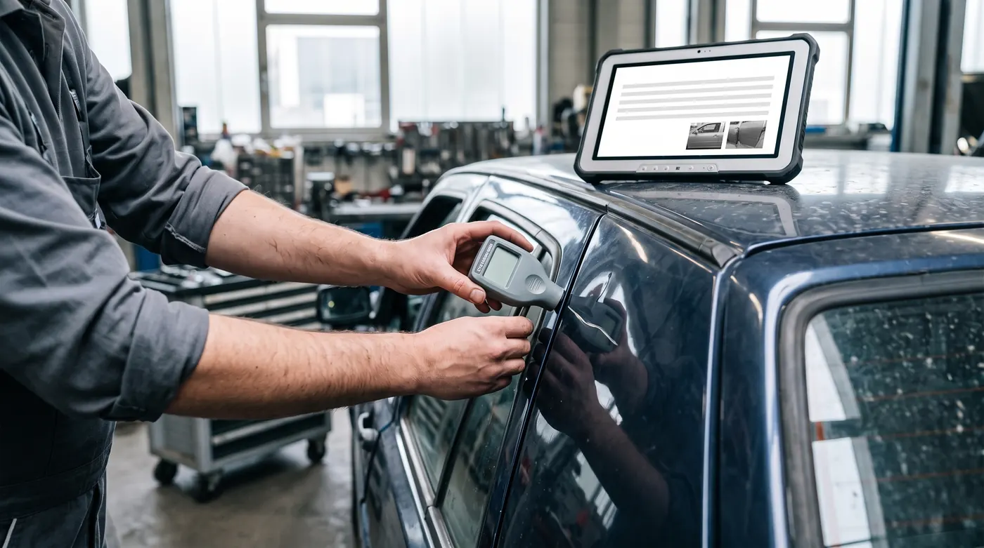 Hände eines Kfz-Sachverständigen messen mit einem Schichtdickenmessgerät die Lackstärke an der Türkante eines dunkelblauen Autos in der Werkstatt