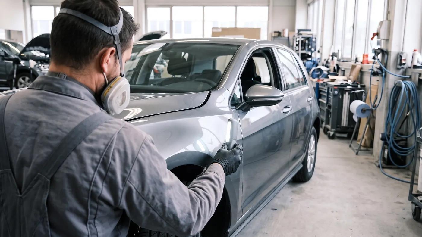Lackierer mit Atemschutzmaske prüft mit einer Handleuchte den Farbübergang zwischen Kotflügel und Tür eines grauen Autos