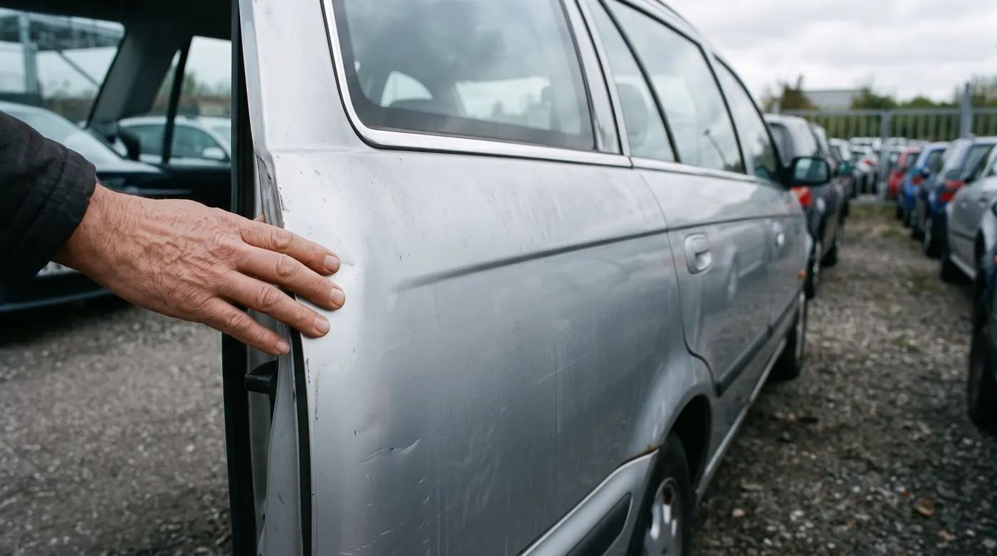 Hand auf der Türkante eines silbernen Gebrauchtwagens auf einem Händlerhof, dahinter eine Reihe geparkter Fahrzeuge