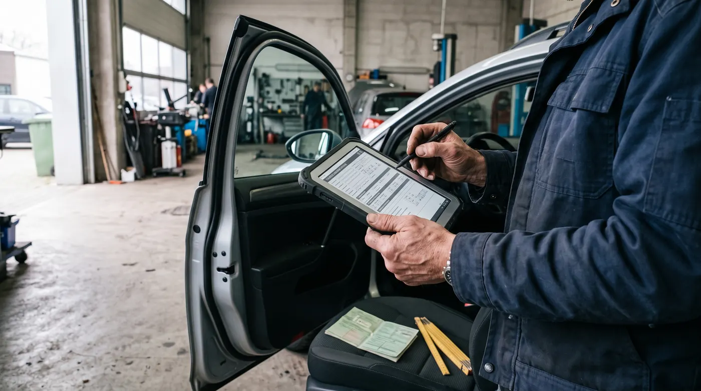 Kfz-Sachverständiger erfasst am geöffneten Fahrzeug Daten auf dem Tablet, daneben liegen Zulassungsbescheinigung und Zollstock auf dem Sitz