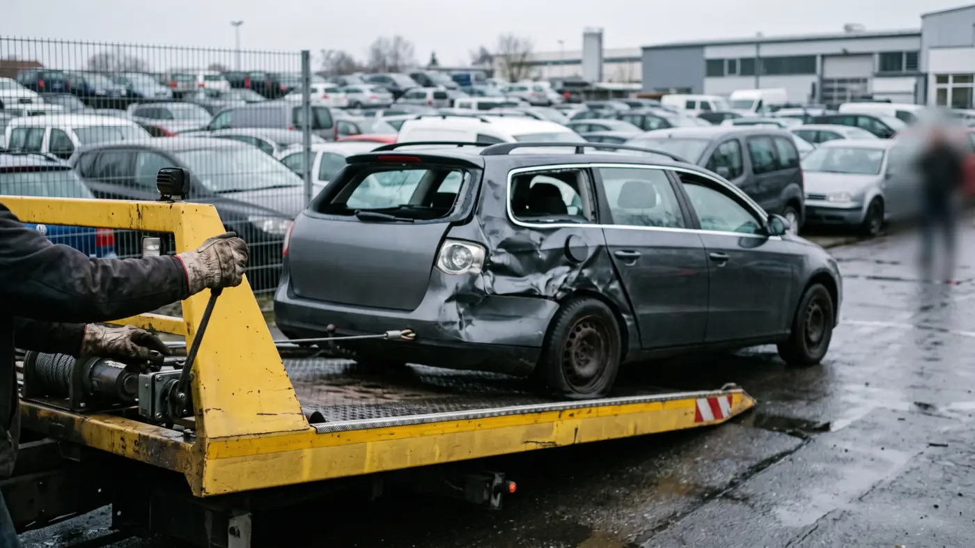 Grauer Kombi mit eingedrückter Seite wird auf einem Händlerhof per Seilwinde auf einen gelben Abschleppwagen gezogen, Hände in Arbeitshandschuhen bedienen die Winde