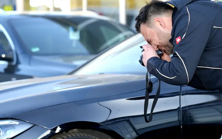Kfz-Sachverständiger fotografiert die Front eines schwarzen Autos für die Bewertung