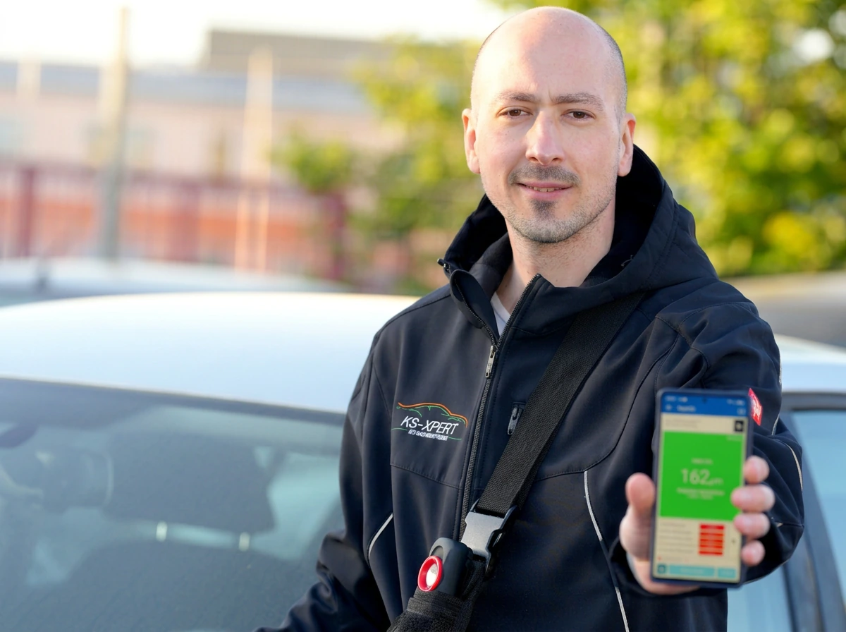 KFZ-Sachverständiger Eser Komar führt vor Ort eine digitale Lackschichtmessung durch – professionelle Karosserie- und Vorschaden-Prüfung im Raum Dormagen